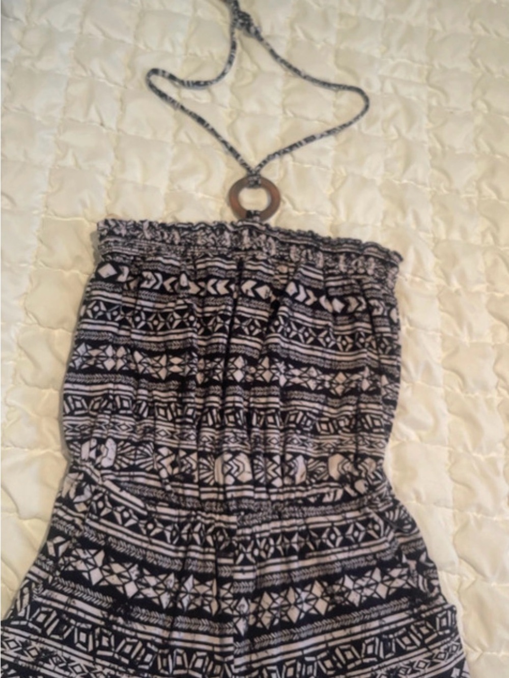 No Boundaries Black and White Strapless Tribal Romper with Halter Ring